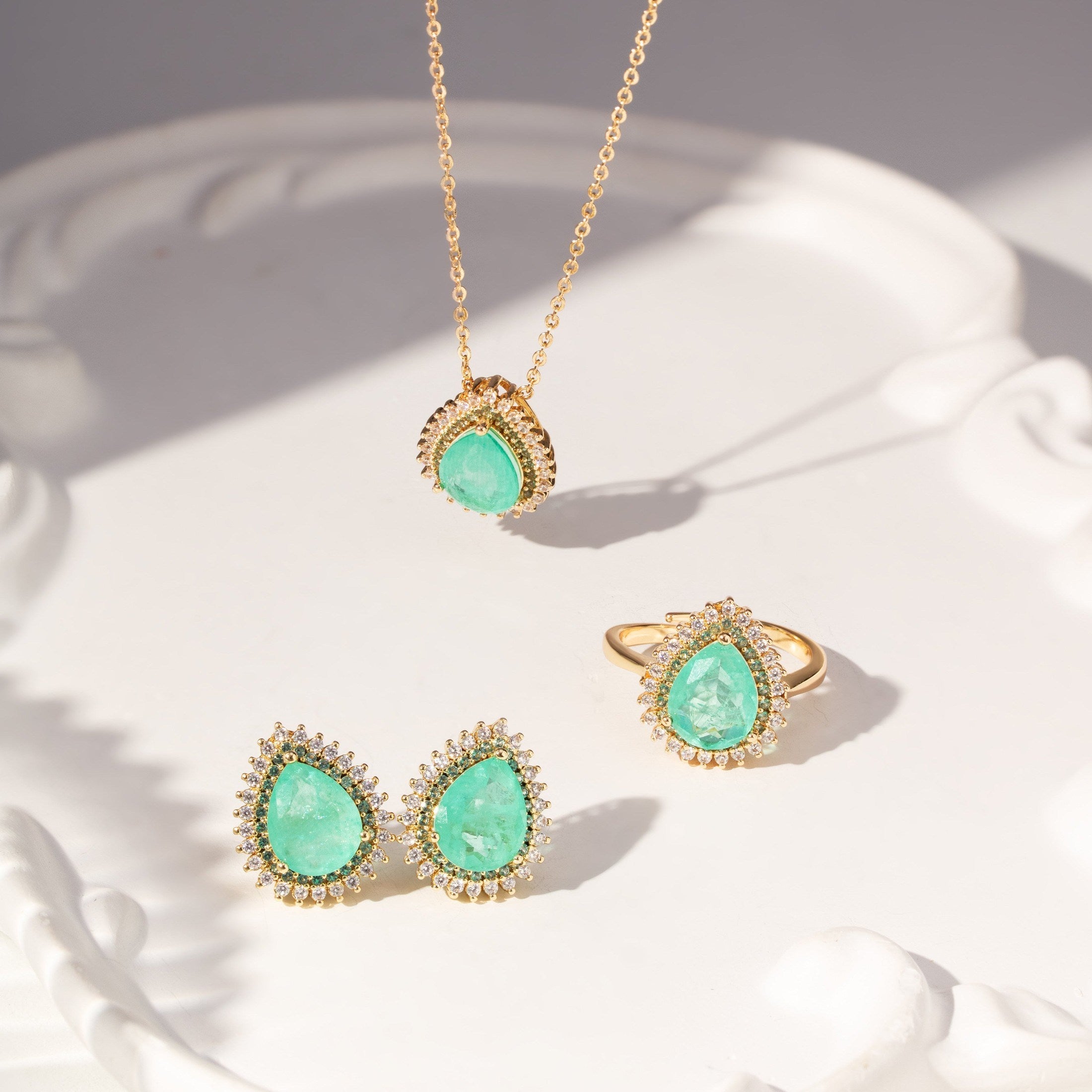 Tourmaline Zirconia Drop Earrings & Necklace Set