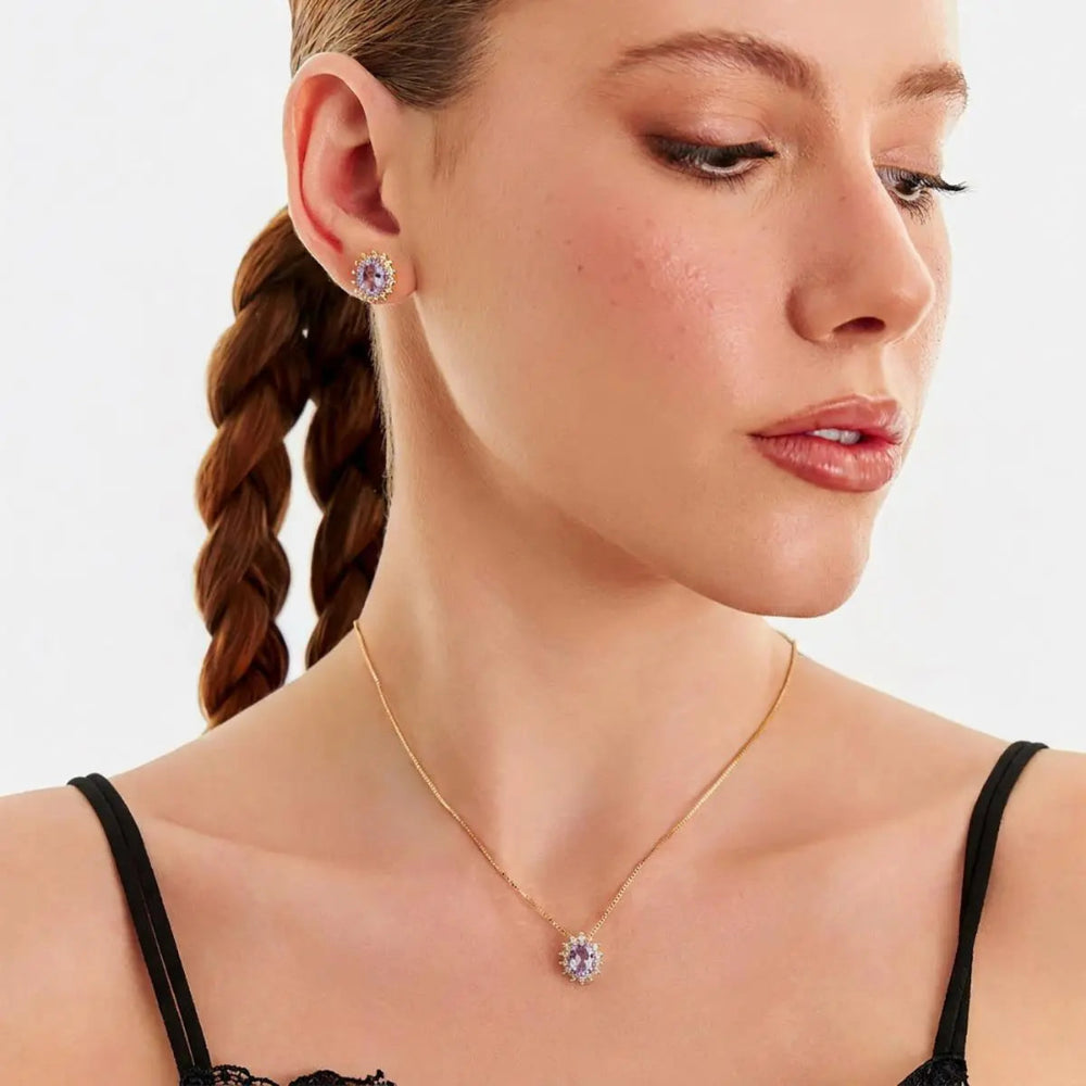 Amethyst necklace and earrings jewellery set with cubic zirconia and 18ct gold plated finish