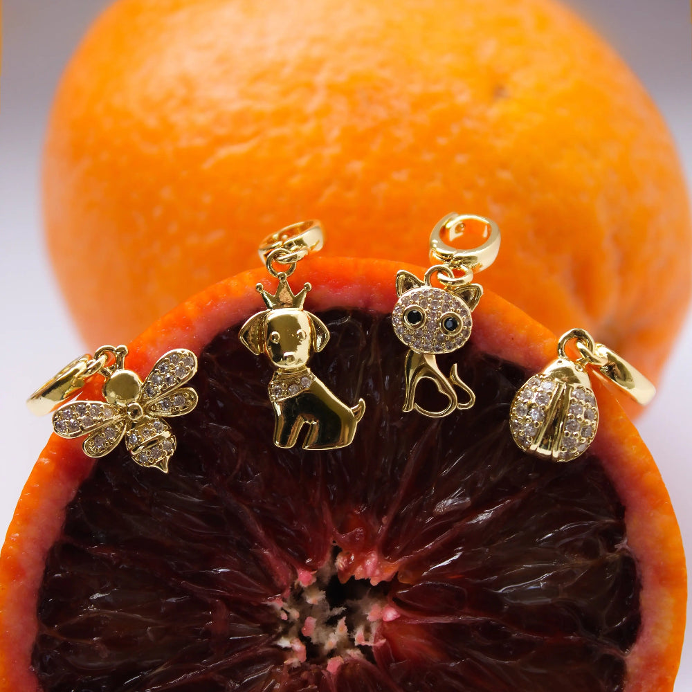 Gold jewelry charms on a halved blood orange with a gray background