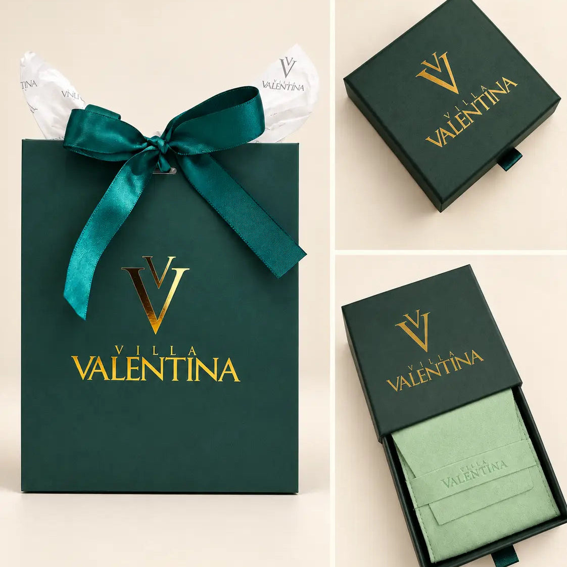 Villa Valentina branded gift packaging set featuring a dark green gift bag with a teal ribbon and gold logo, alongside matching dark green presentation boxes shown closed and open to reveal a pale green card inside.