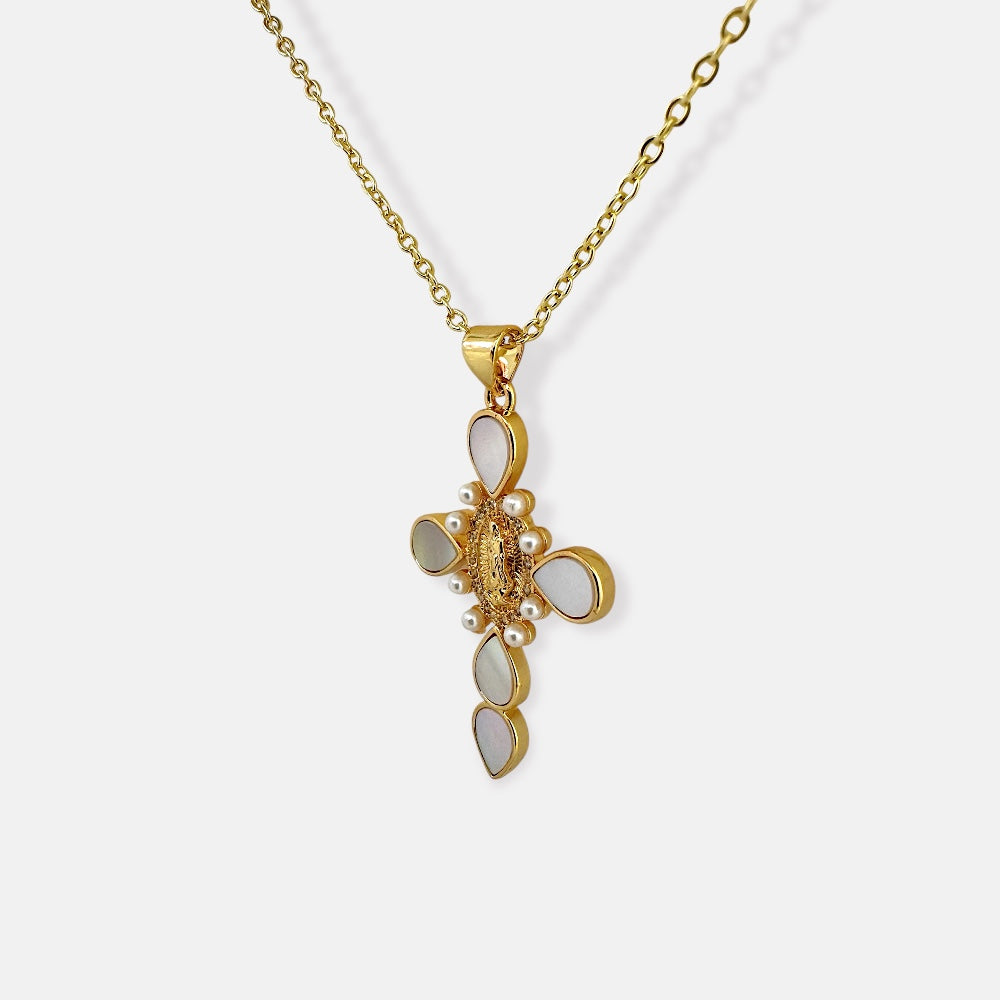 Fine Cross and Heart Necklace Adorned with Cubic Zirconia and Mother of Pearl