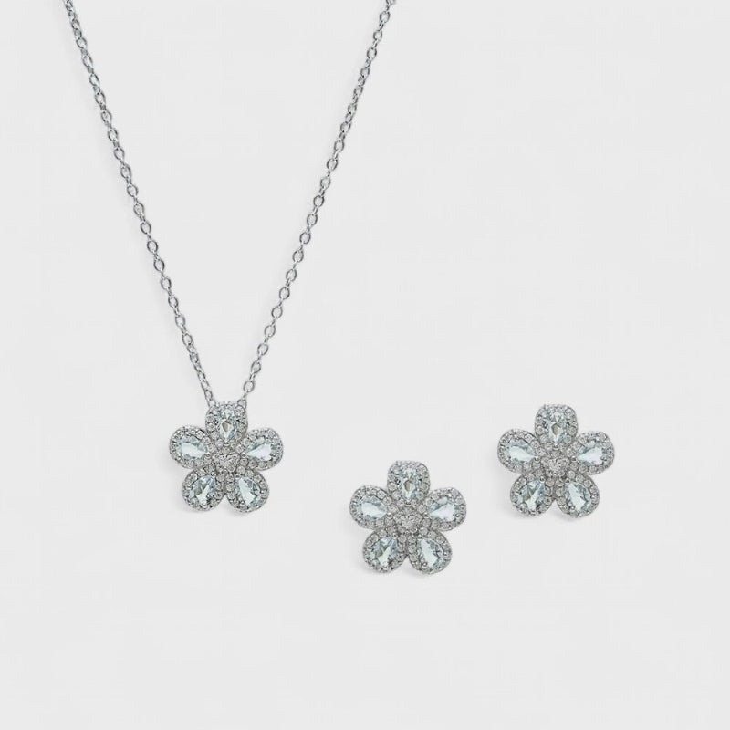 Flower Aquamarine Crystal Stud Jewellery Set