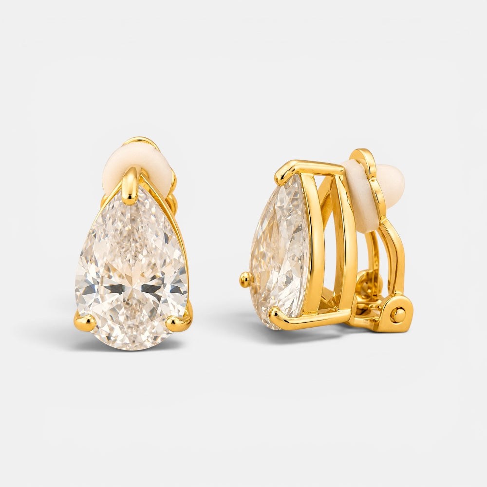 Gold-plated clip-on earrings with clear teardrop cubic zirconia