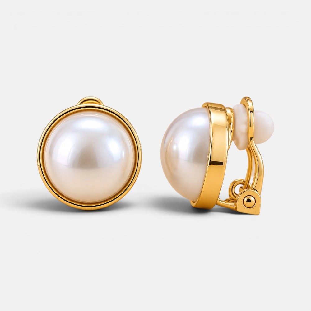 Gold-plated clip-on pearl earrings with large round synthetic pearls