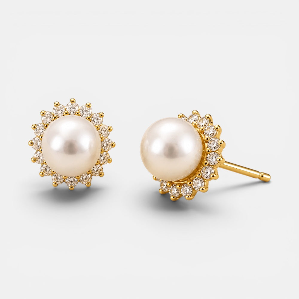 Gold-plated pearl stud earrings with a sparkling cubic zirconia halo