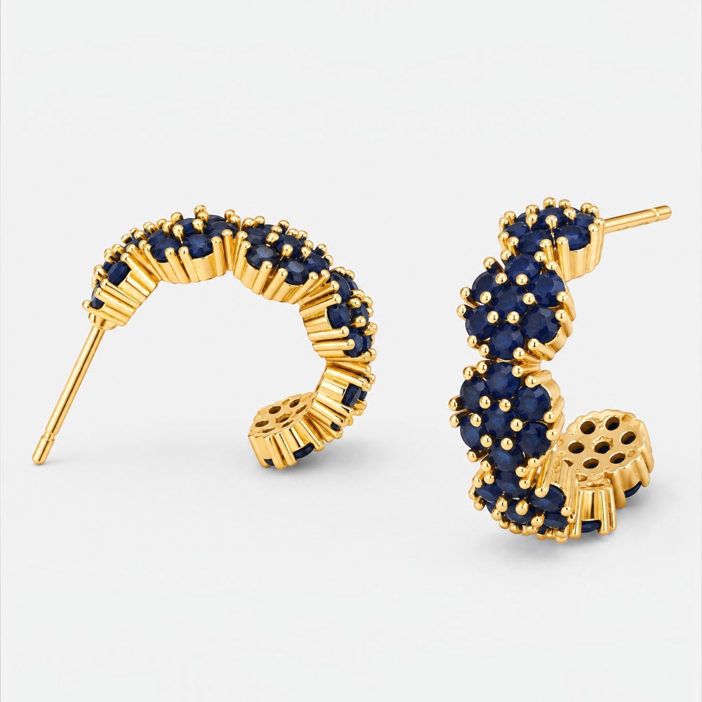 Gold plated flower hoop earrings with sapphire details