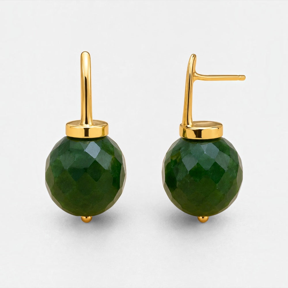 Gold plated jade earrings with faceted 12mm green jade stones