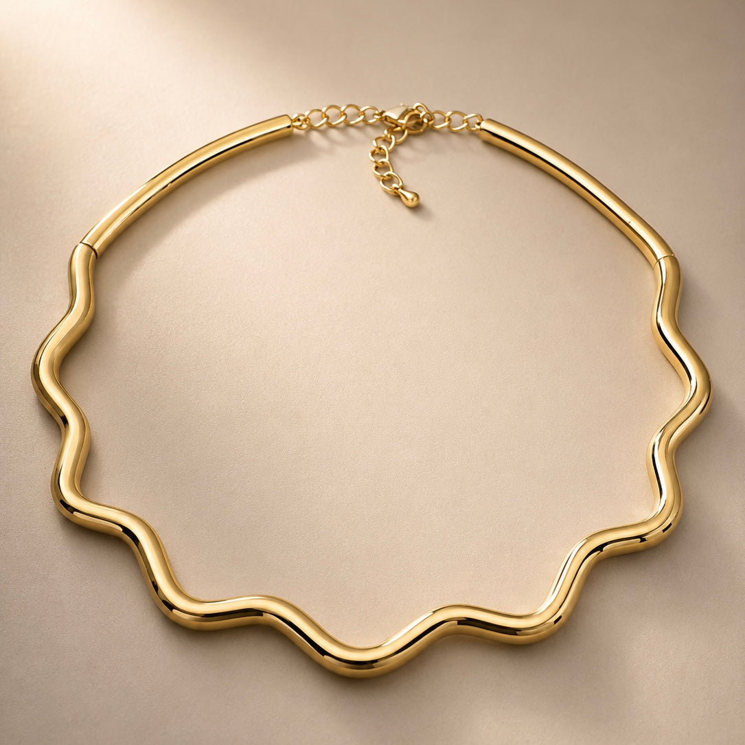 Gold plated simple choker necklace on neck