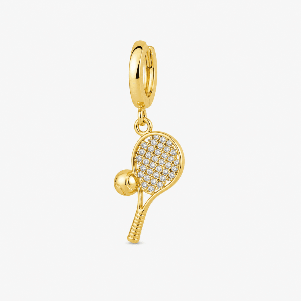 Gold plated tennis racket charm close-up