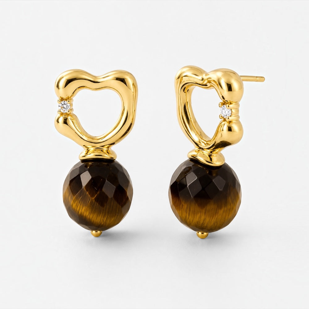 Gold plated tiger eye drop earrings with round brown natural stones
