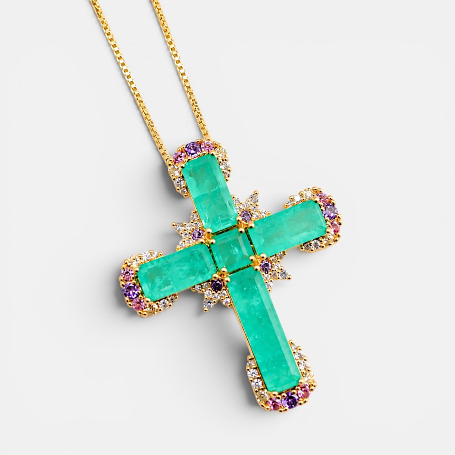 Green tourmaline-inspired cross necklace with colourful stones and gold plated finish