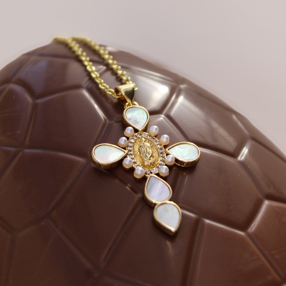 Fine Cross and Heart Necklace Adorned with Cubic Zirconia and Mother of Pearl
