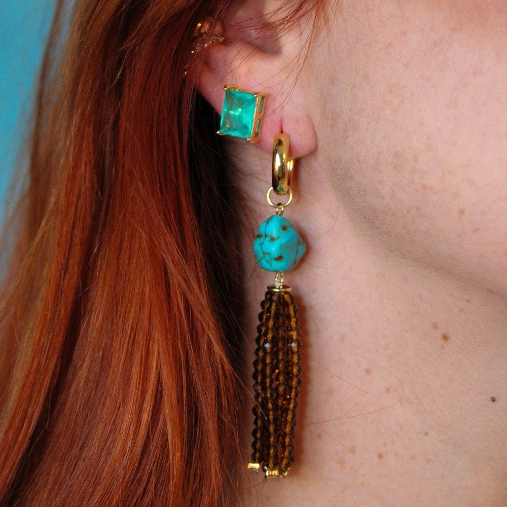 Gold Green Zirconia Rectangular Stud Earrings