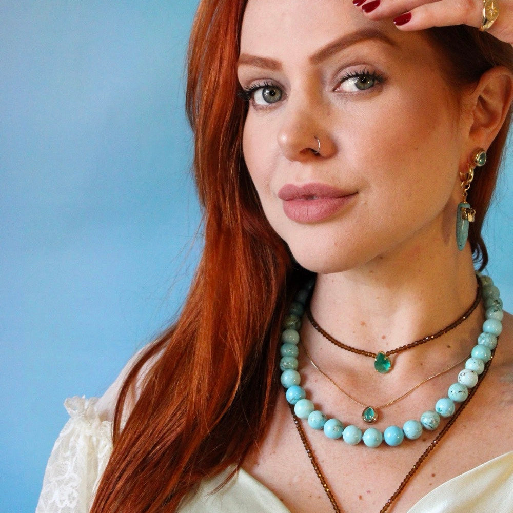 Gold Turquoise Charm Hoop Drop Earrings