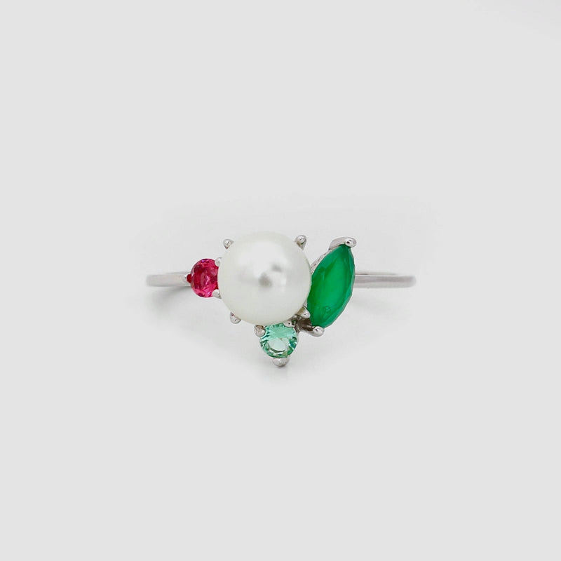Pearl and colourful zirconia ring