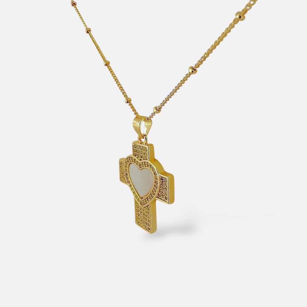 Cross and Heart Necklace Featuring Cubic