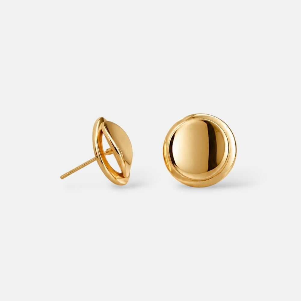 Polished gold-plated button stud earrings on a white background
