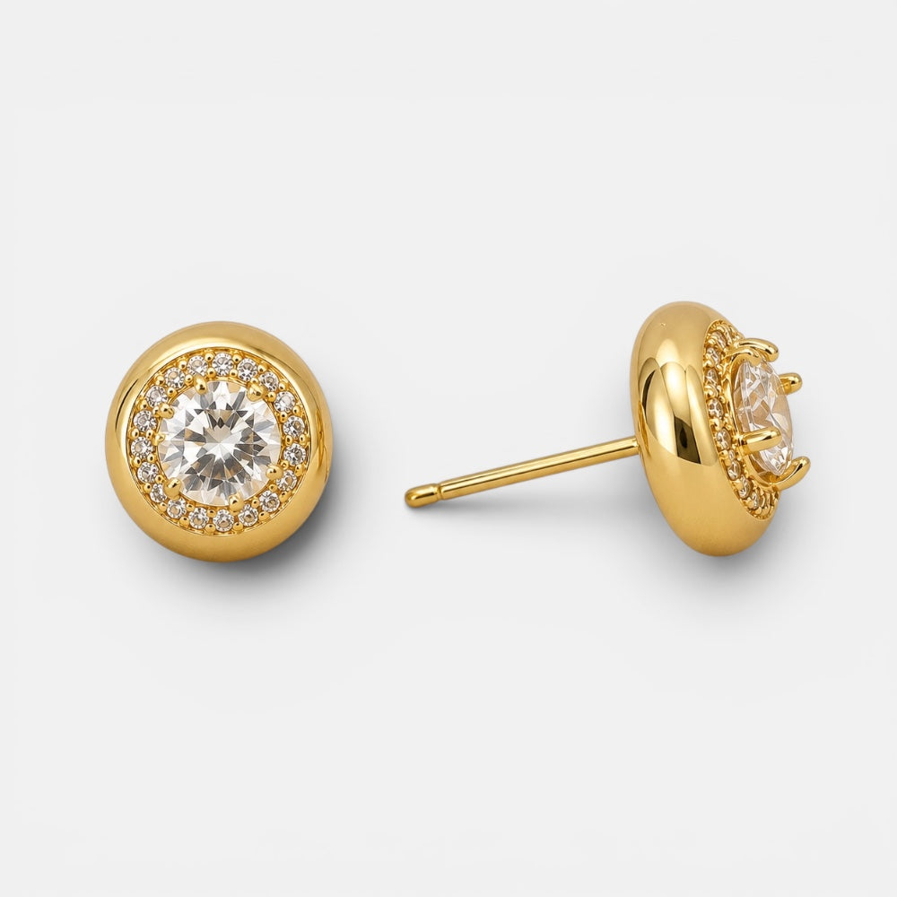 Front and side view of gold-plated round cubic zirconia solitaire stud earrings