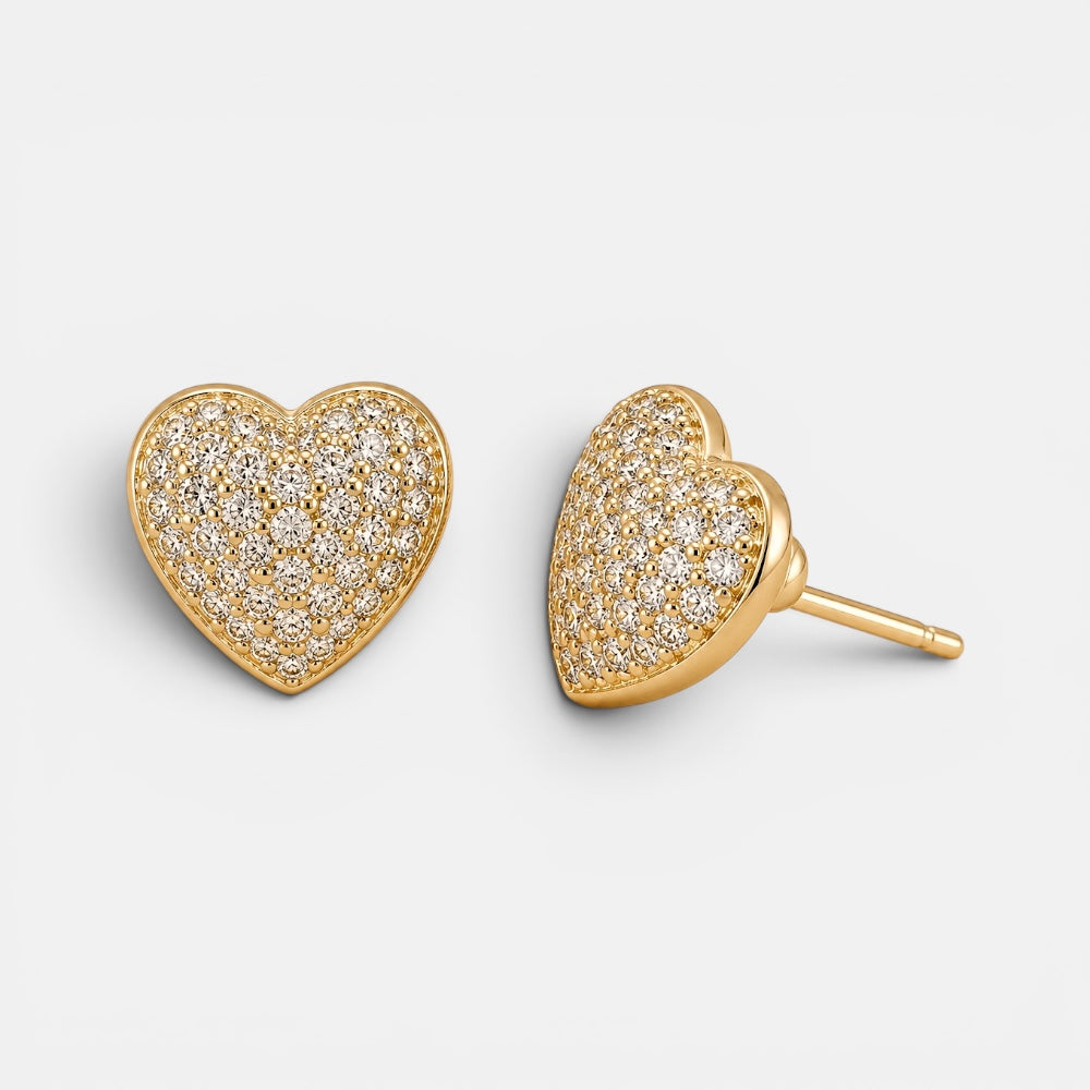 Gold-plated heart stud earrings covered with pavé cubic zirconia