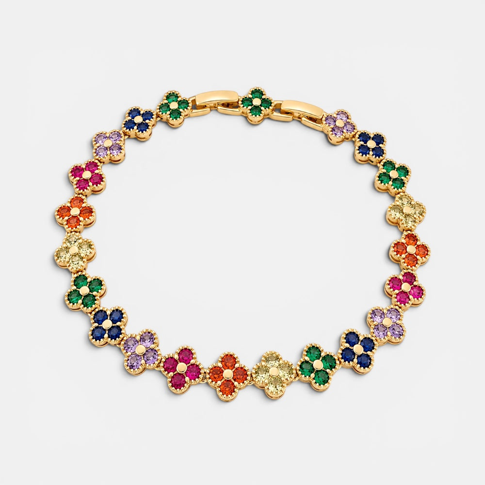 Adjustable 18ct gold plated tennis bracelet with colourful flower-shaped cubic zirconia stones
