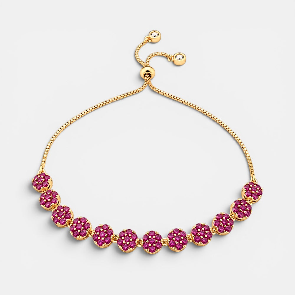 Pink cubic zirconia tennis bracelet with flower-shaped stones and adjustable fit