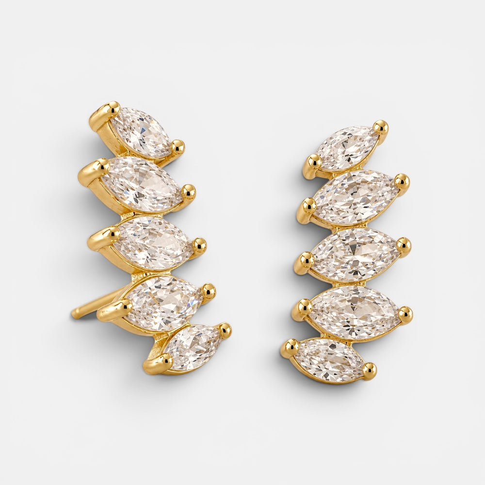 Gold plated ear climber earrings with five marquise-cut cubic zirconia