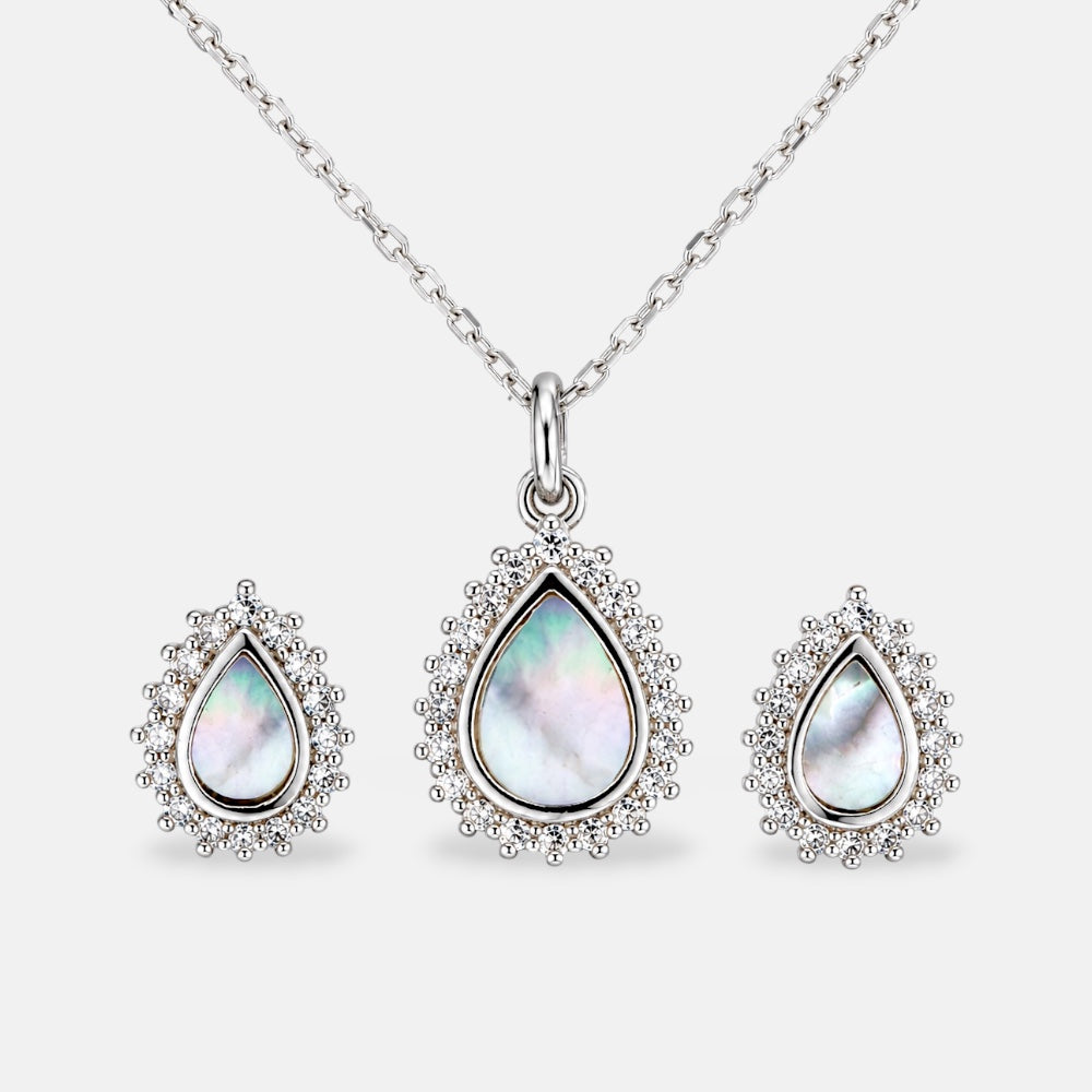 925 sterling silver mother of pearl necklace and matching earrings with cubic zirconia details