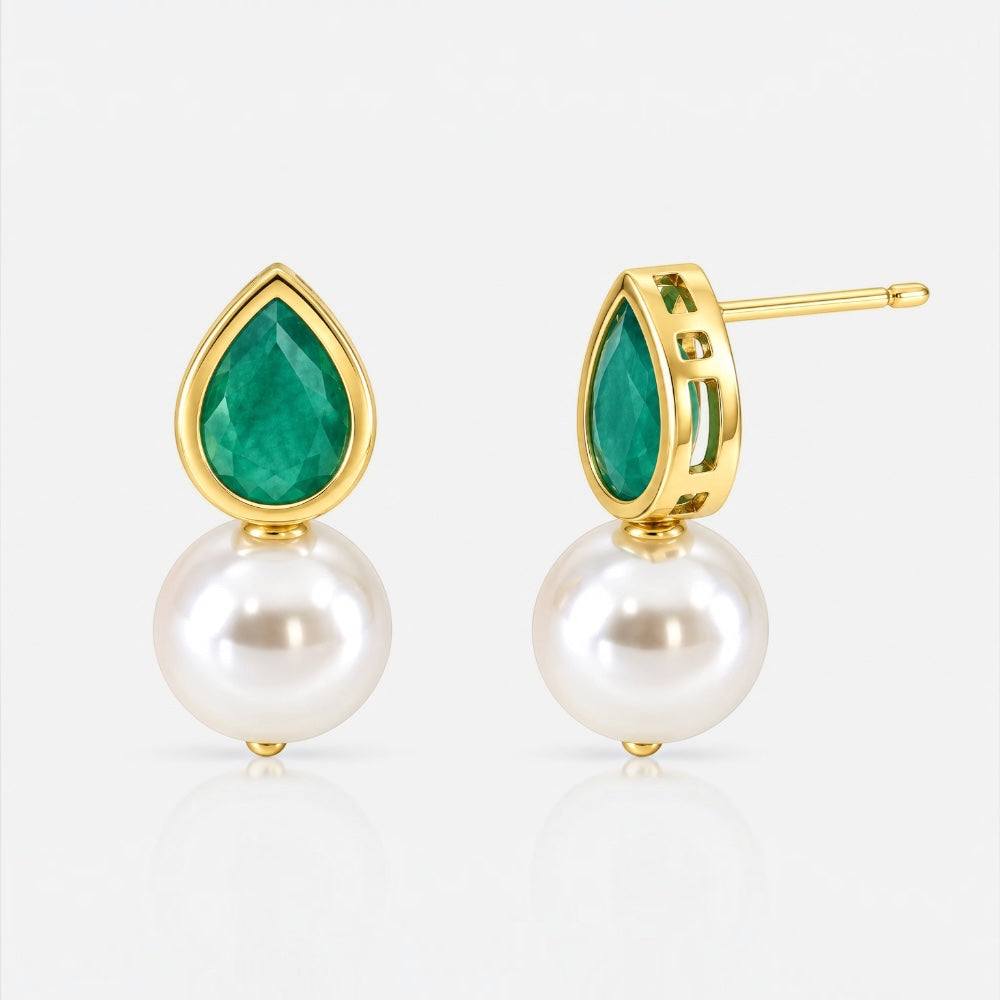 Gold Emerald Crystal and Shell Pearl Drop Earrings
