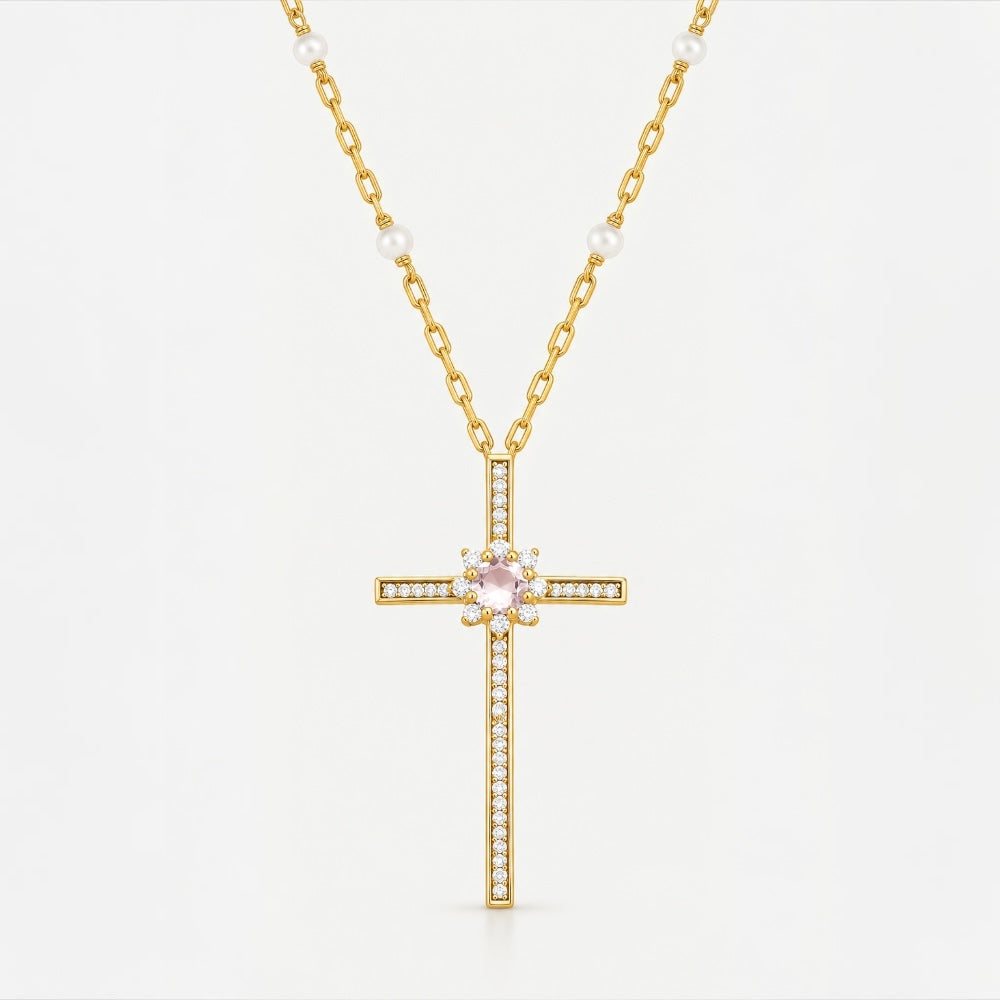 Pink Crystal Gold Cross Necklace