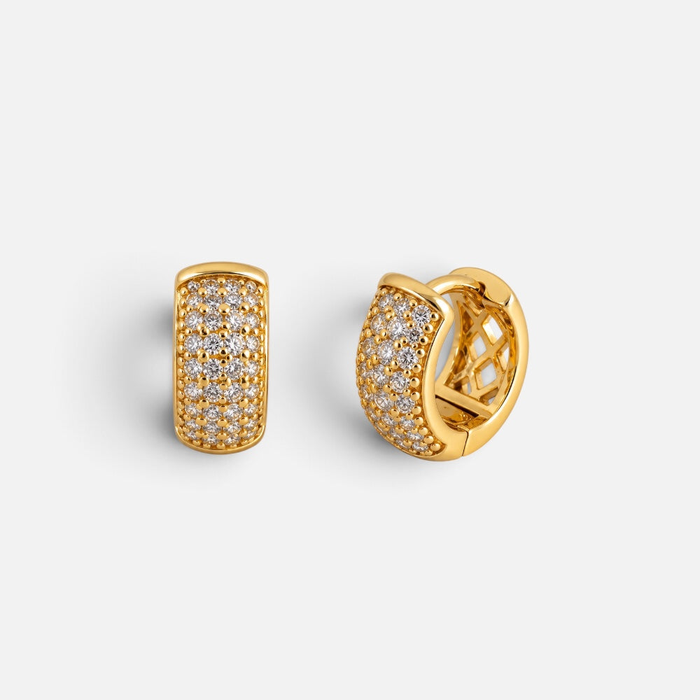 Gold plated brass huggie hoop earrings featuring multiple rows of sparkling clear cubic zirconia stones by Villa Valentina Jewellery.