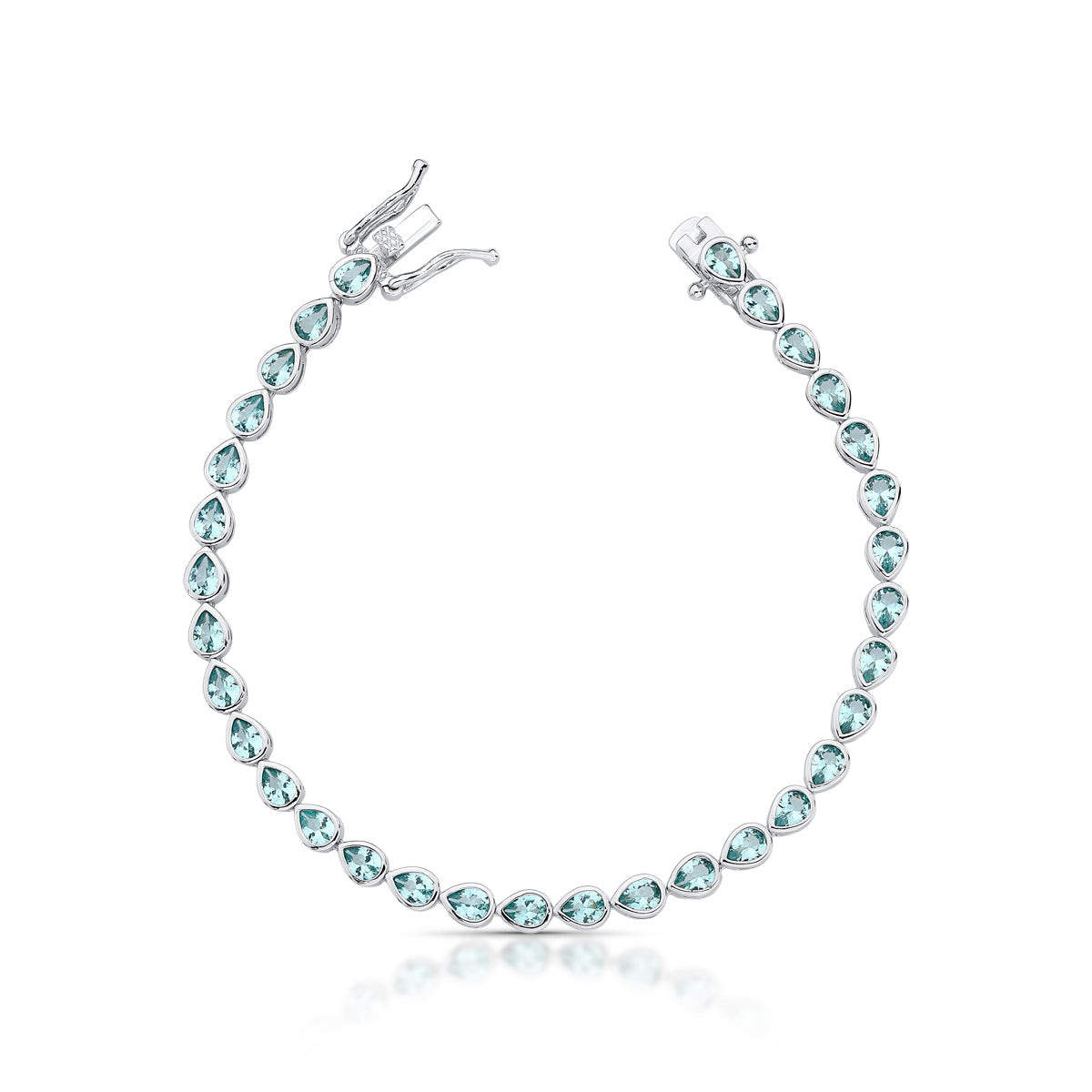 Silver-plated tennis bracelet with pale aqua blue pear-shaped cubic zirconia stones