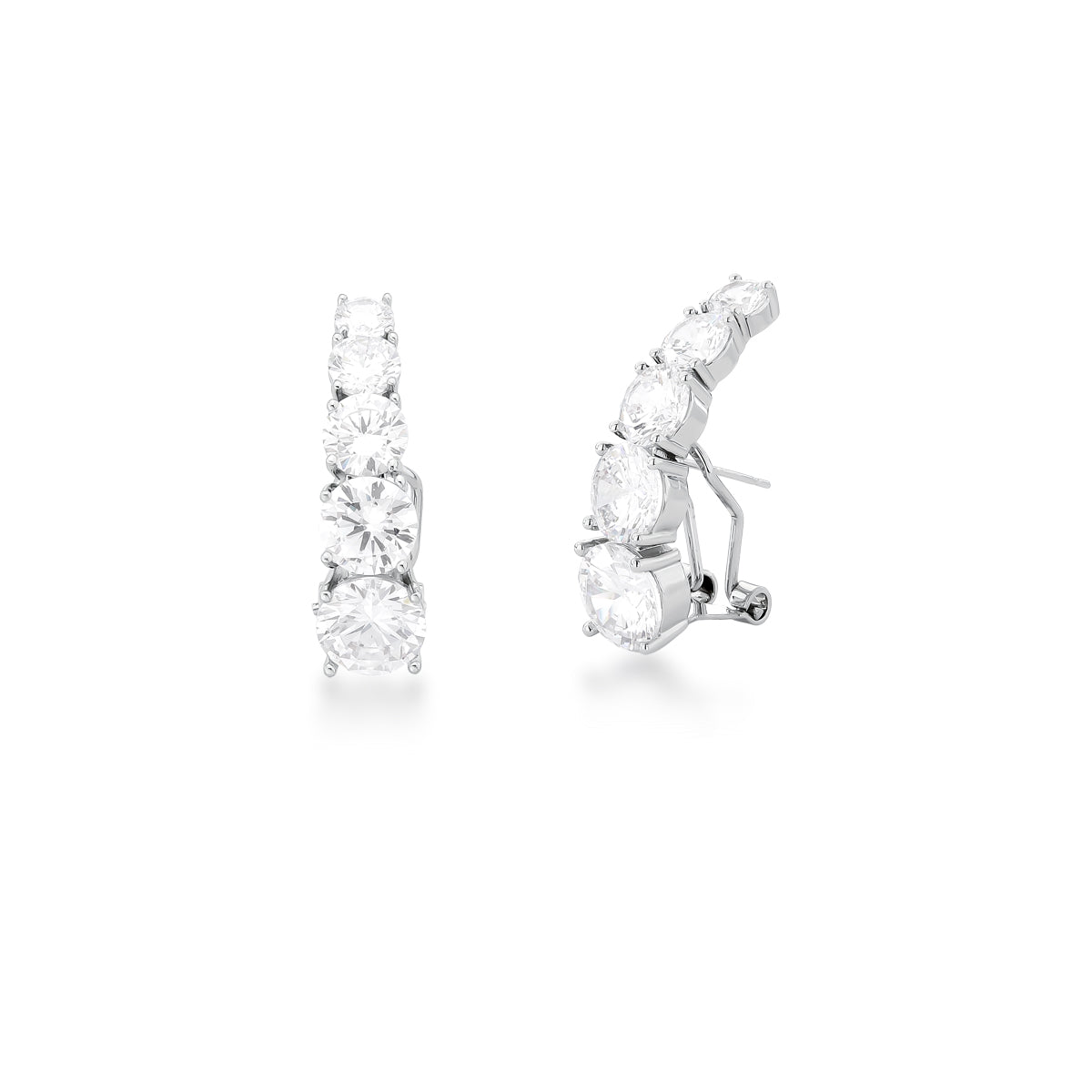 Silver-plated hoop earrings with graduated round clear cubic zirconia stones