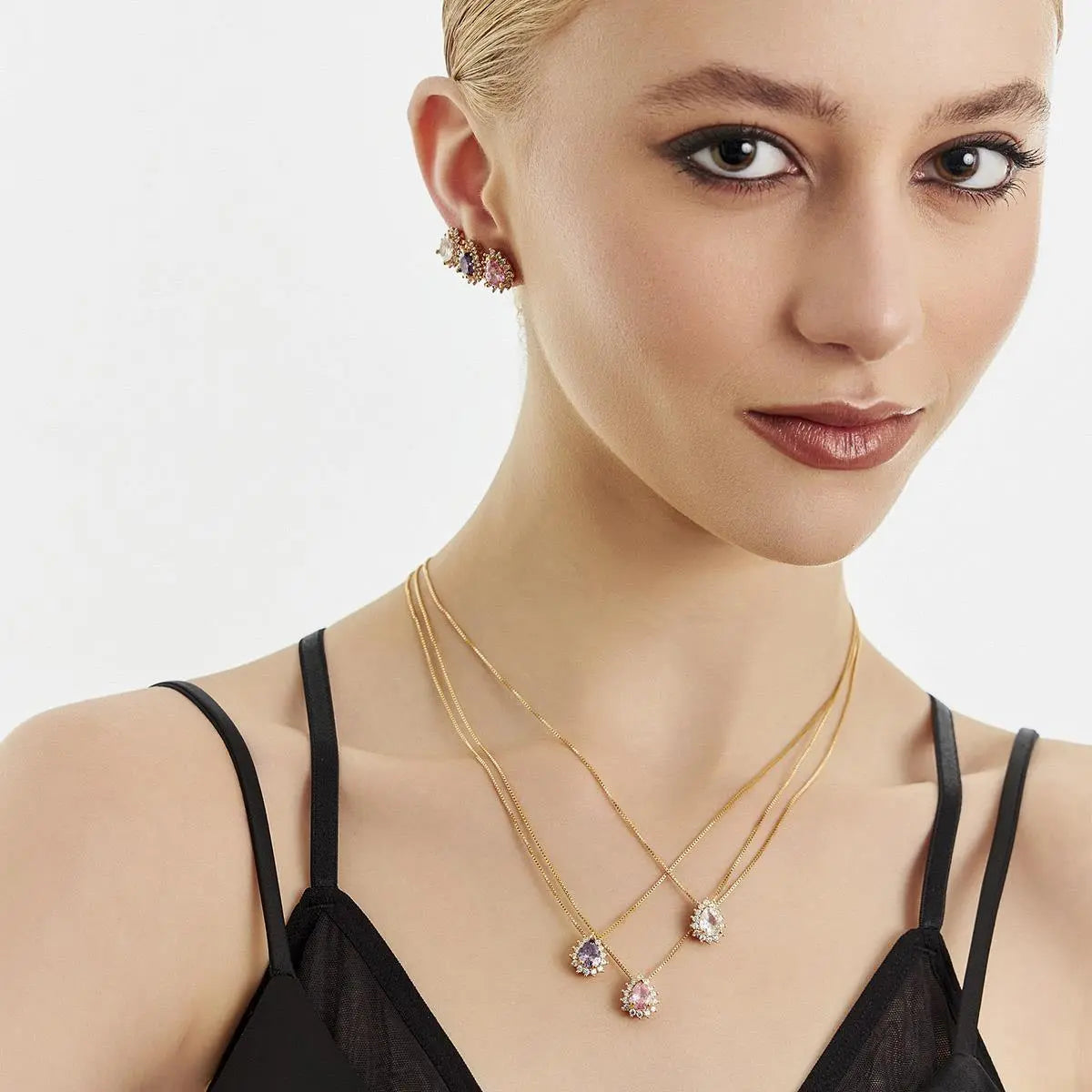 Pink Teardrop Crystal Necklace & Earrings Set