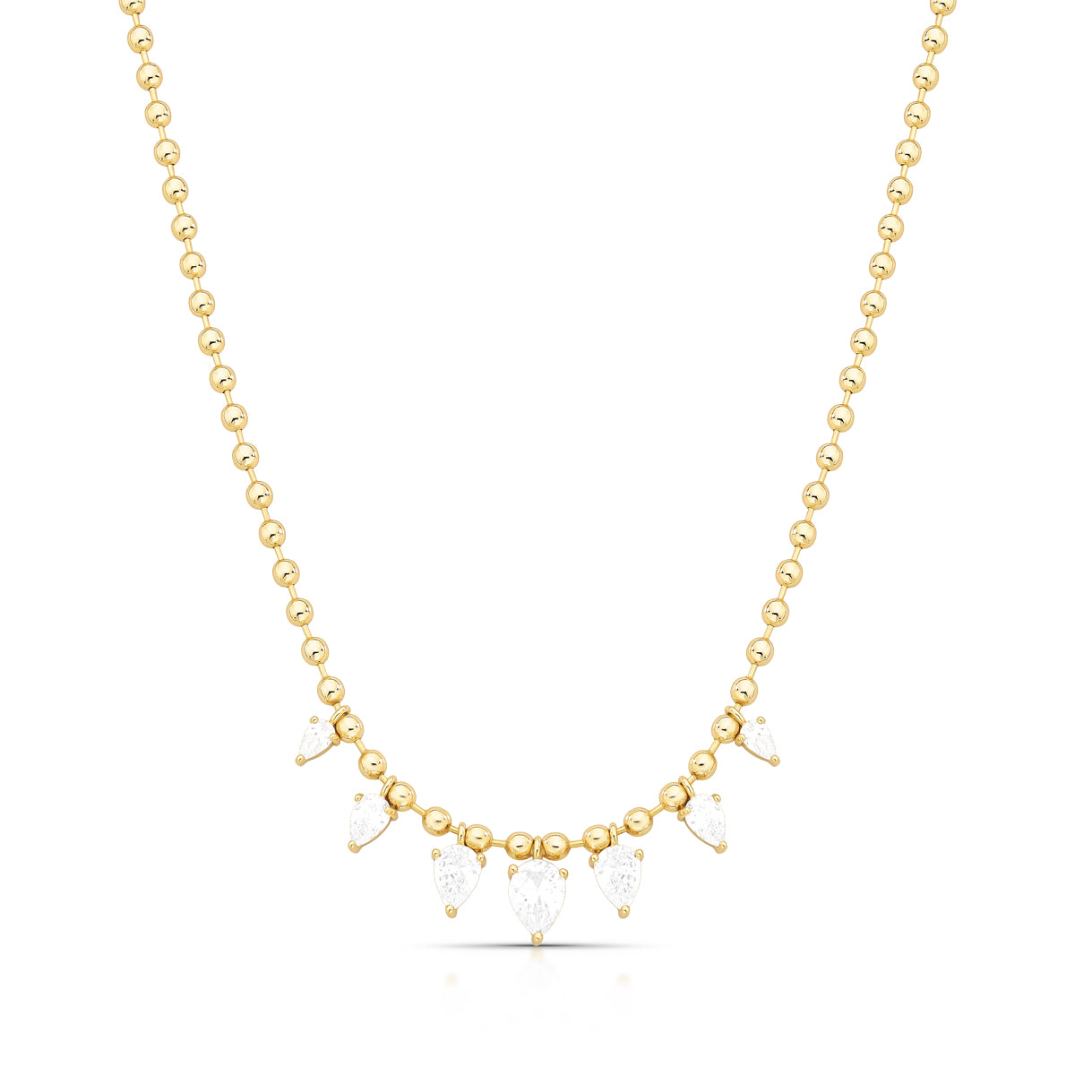 18ct gold-plated brass beaded necklace with seven graduated pear-cut clear cubic zirconia charms