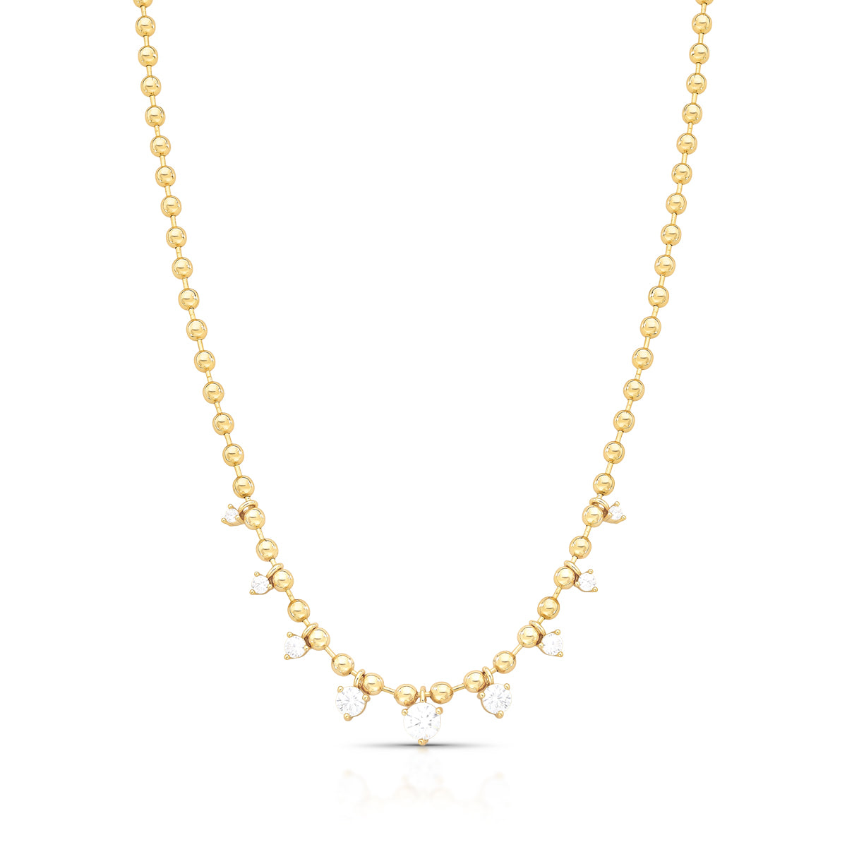 18ct gold-plated beaded necklace with seven clear cubic zirconia drop charms