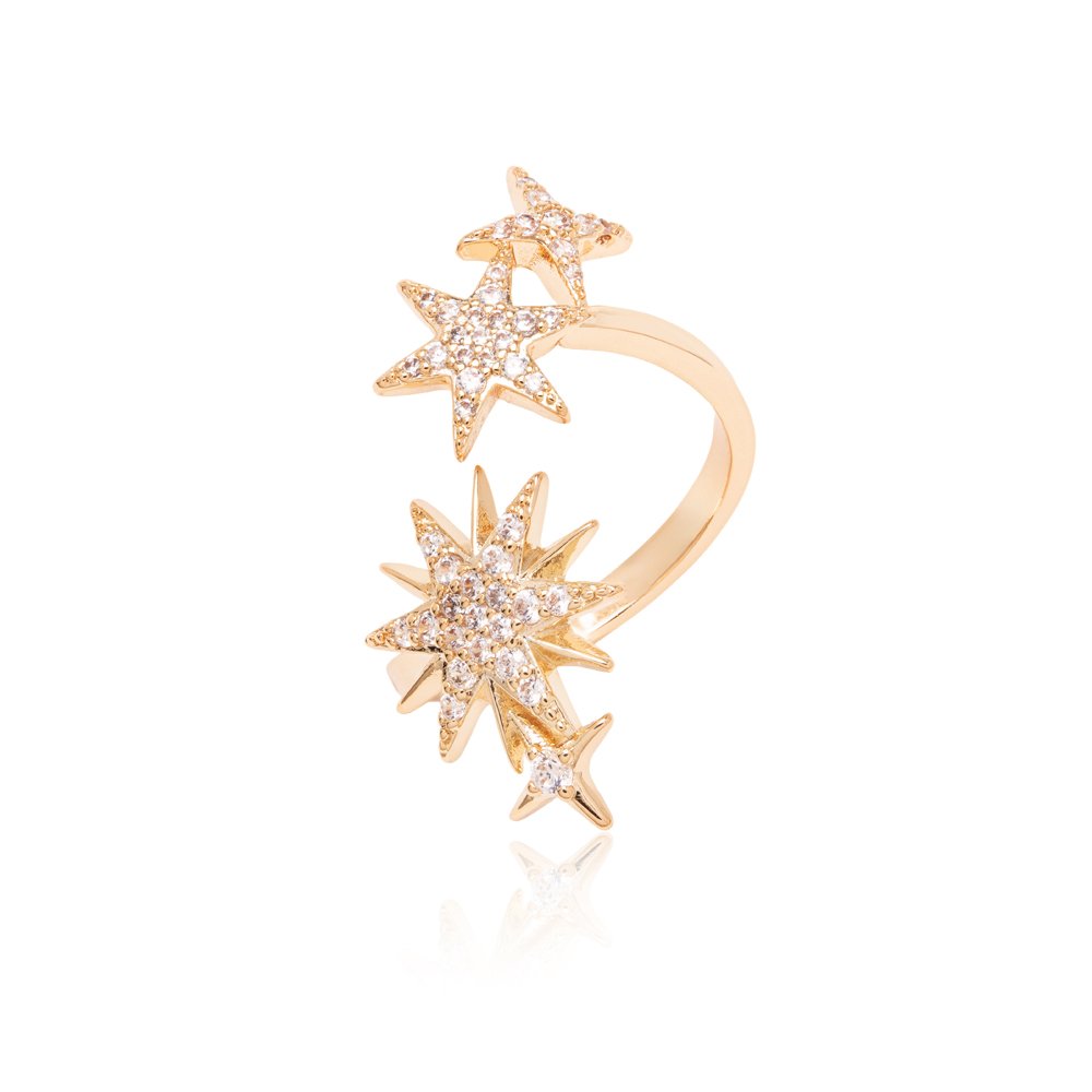 18ct gold-plated brass open ring with four celestial stars and clear cubic zirconia pavé detail