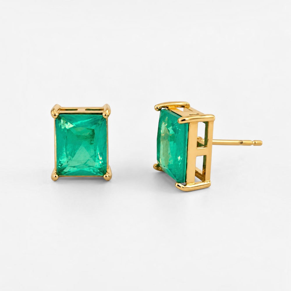 Gold-plated rectangular stud earrings with emerald-cut tourmaline-coloured green cubic zirconia stones
