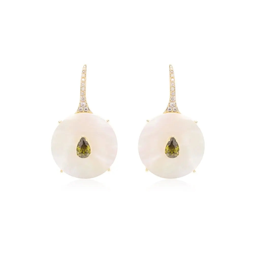 18ct gold-plated brass drop earrings with round mother-of-pearl discs, peridot-coloured teardrop cubic zirconia and clear zirconia on hooks