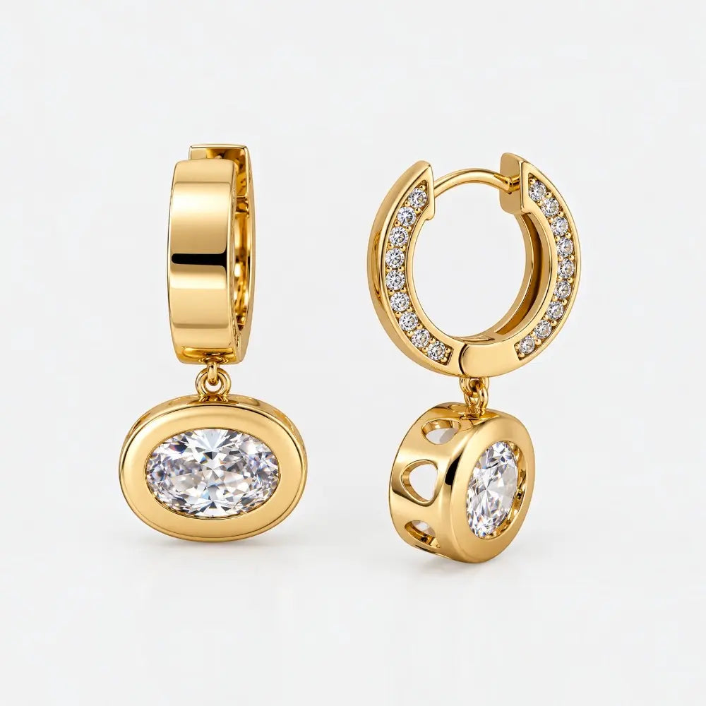 Gold Oval Zirconia Huggie Drop Earrings