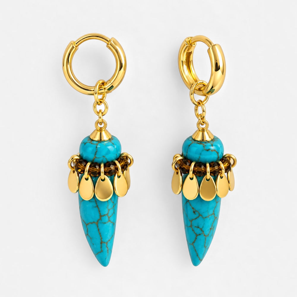 18ct gold-plated hoop drop earrings with reconstituted turquoise pointed pendants and dangling gold charms