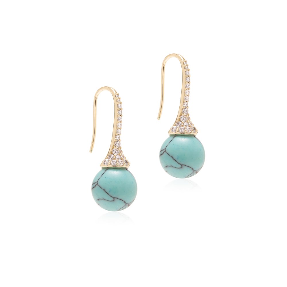 Gold-plated brass hook drop earrings with turquoise-coloured veined howlite beads and clear cubic zirconia detailing