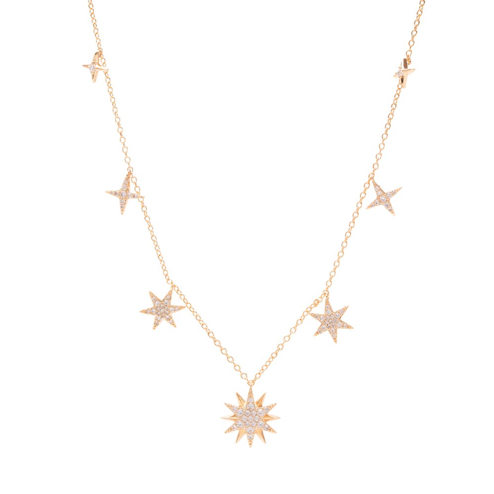 18ct gold-plated brass necklace with multiple clear cubic zirconia star charms and central starburst pendant