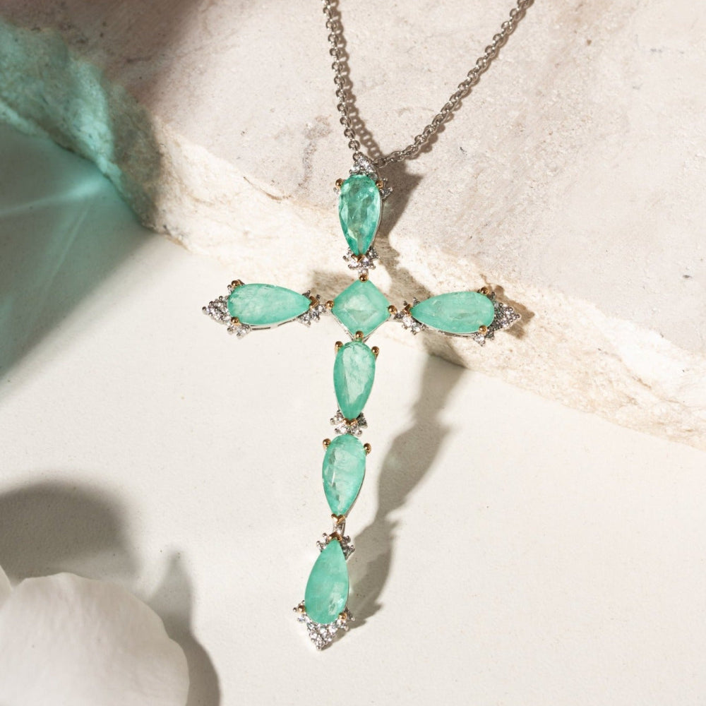 18ct gold-plated brass 45 cm necklace with green Tourmaline Fusion cross pendant and clear sparkling accents