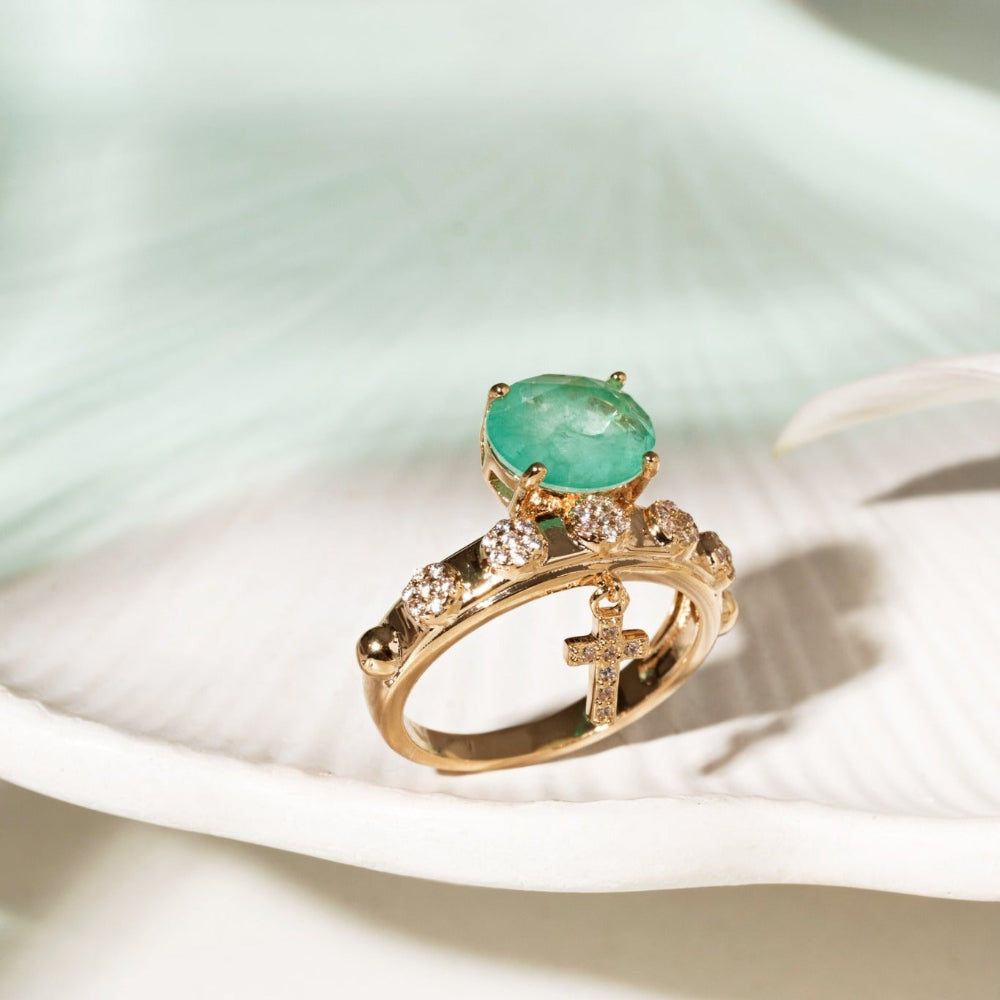 18ct gold-plated brass ring size O with 10 x 8 mm oval green Tourmaline Fusion stone, clear cubic zirconia and dangling cross charm