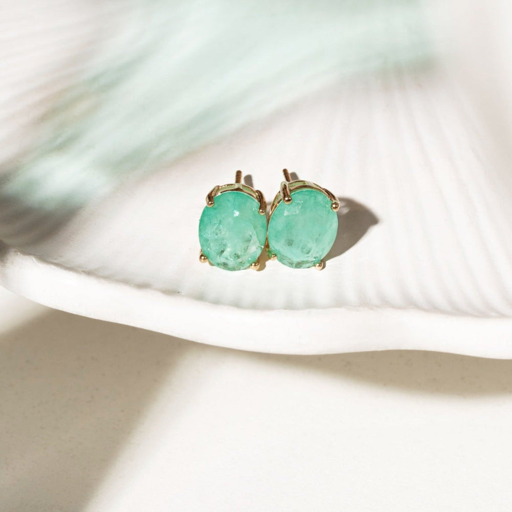 18ct gold-plated brass oval stud earrings with pale green Tourmaline Fusion stones