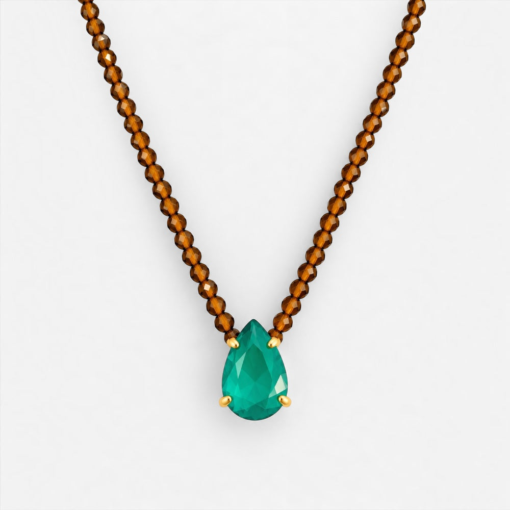 Jade beaded necklace with green tourmaline-coloured teardrop cubic zirconia pendant and 18ct gold-plated accents