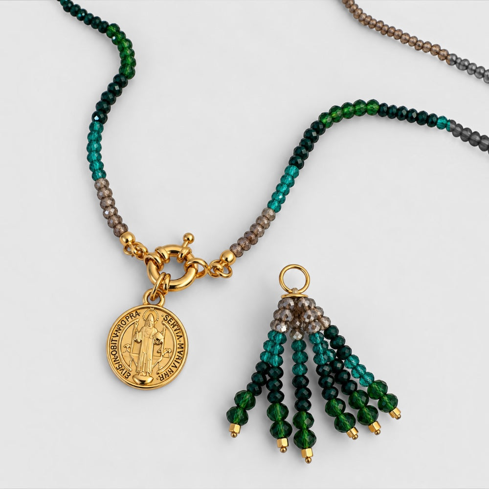 Gold-plated Saint Benedict medallion and green jade bead tassel pendants shown separately