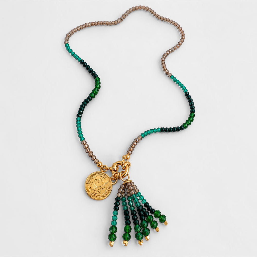 Full-length green and taupe jade beaded necklace with gold-plated Saint Benedict medal and tassel