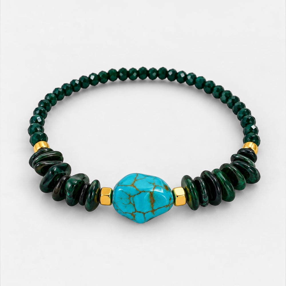 Green jade beaded bracelet with reconstituted turquoise centrepiece and gold-plated brass accents