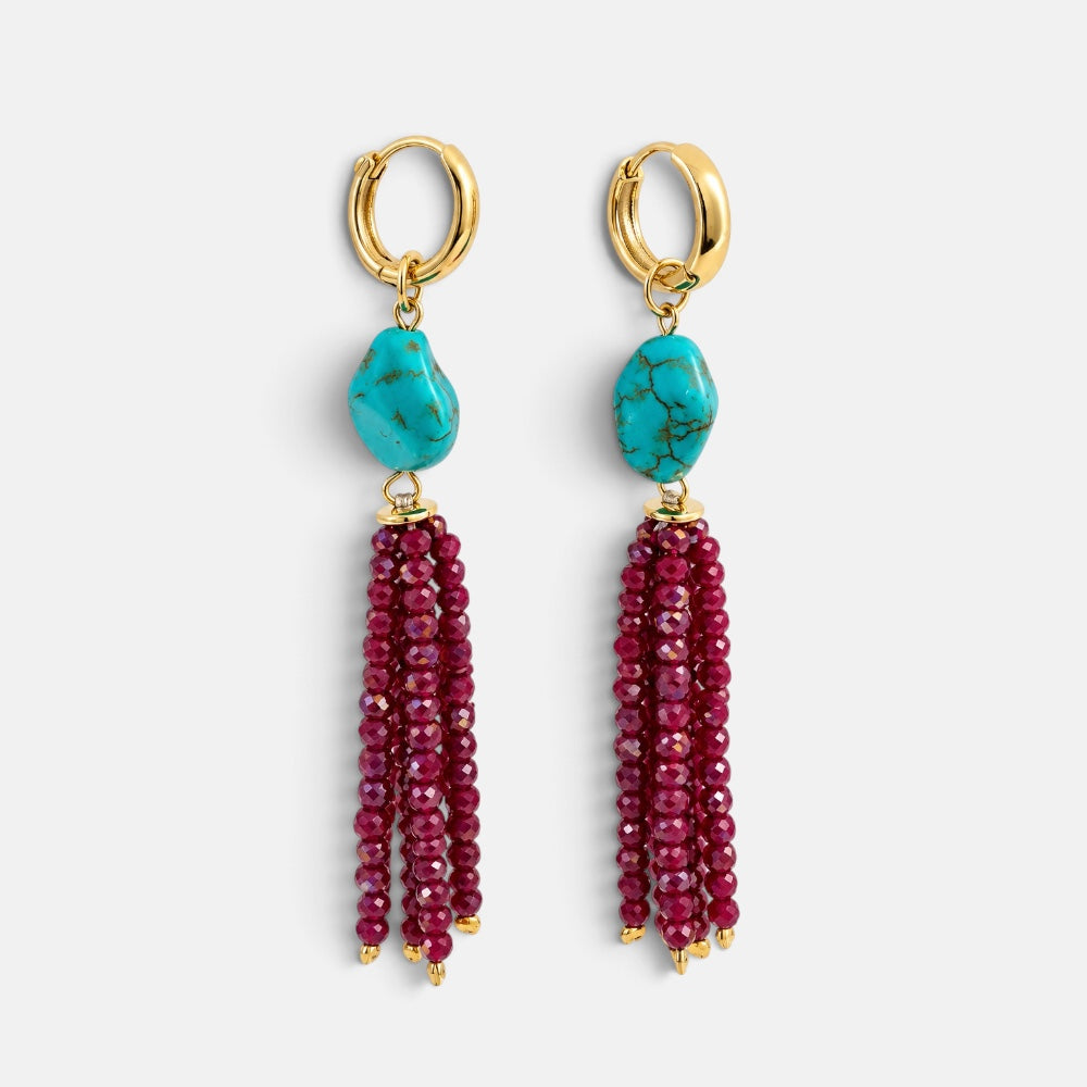 Gold-plated hoop earrings with reconstituted turquoise drops and pink jade beaded tassels
